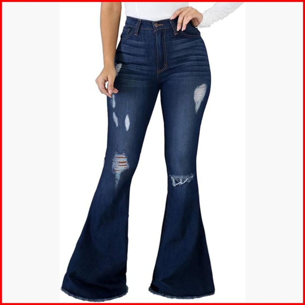 Bell Bottom Jeans Elastic Waist Ripped Flared Raw Hem Denim Pants